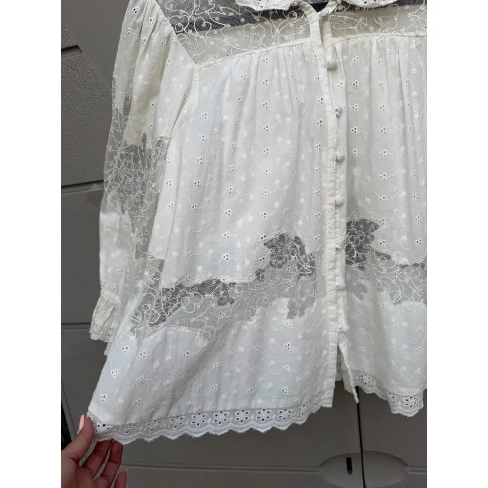 Anthropologie Ivory Mixed Lace Blouse Eyelet Sz MP Cottagecore Romantic Feminine